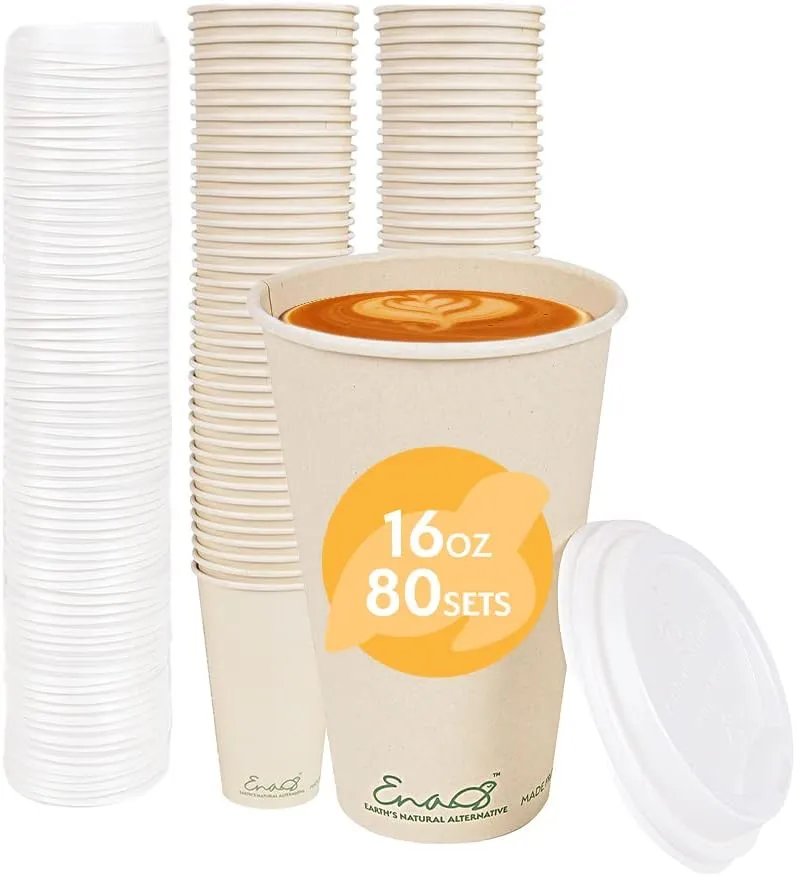 100% Compostable Disposable Coffee Cups 12oz or 16oz, 320 Pack Paper Cups Made from Bamboo, Eco-Friendly, Biodegradable Unbleached Party Cups