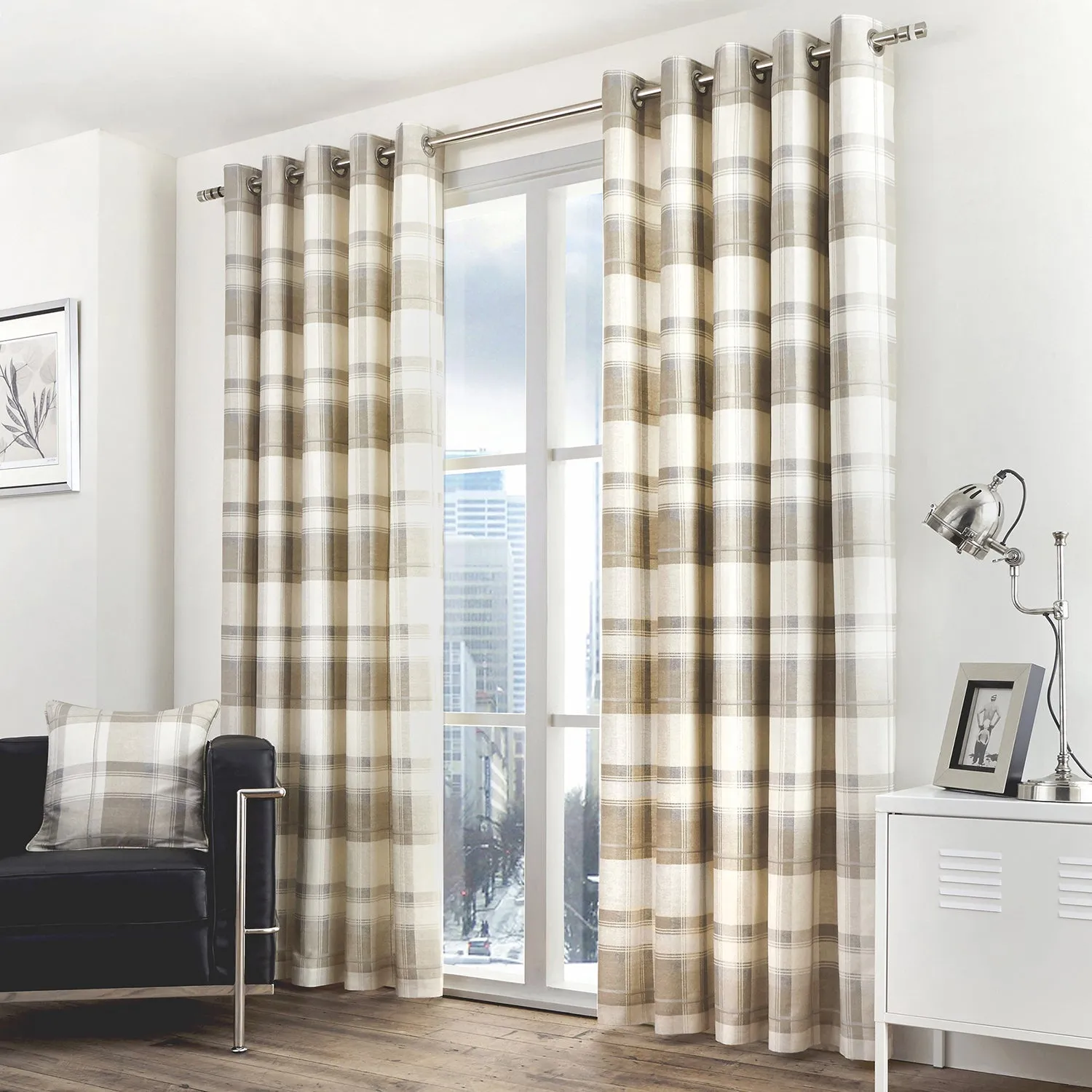 Balmoral Check Natural Eyelet Curtains