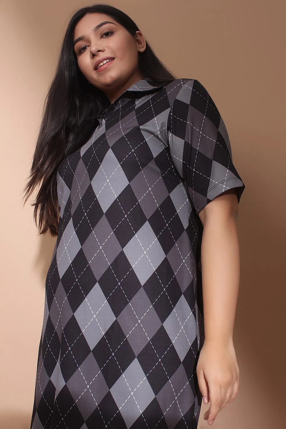 Black And Grey Argyle Side Slit Long Dress