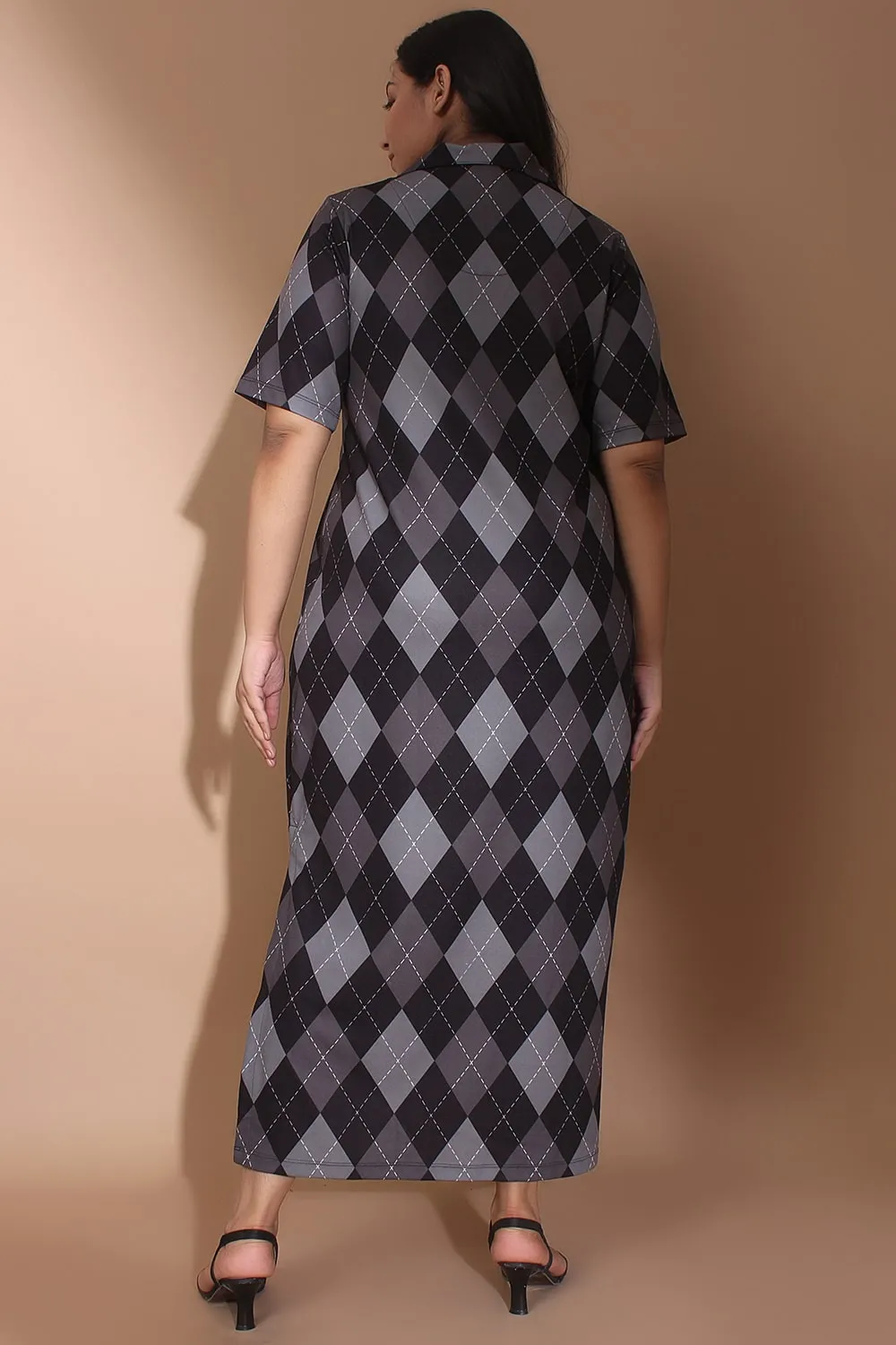 Black And Grey Argyle Side Slit Long Dress