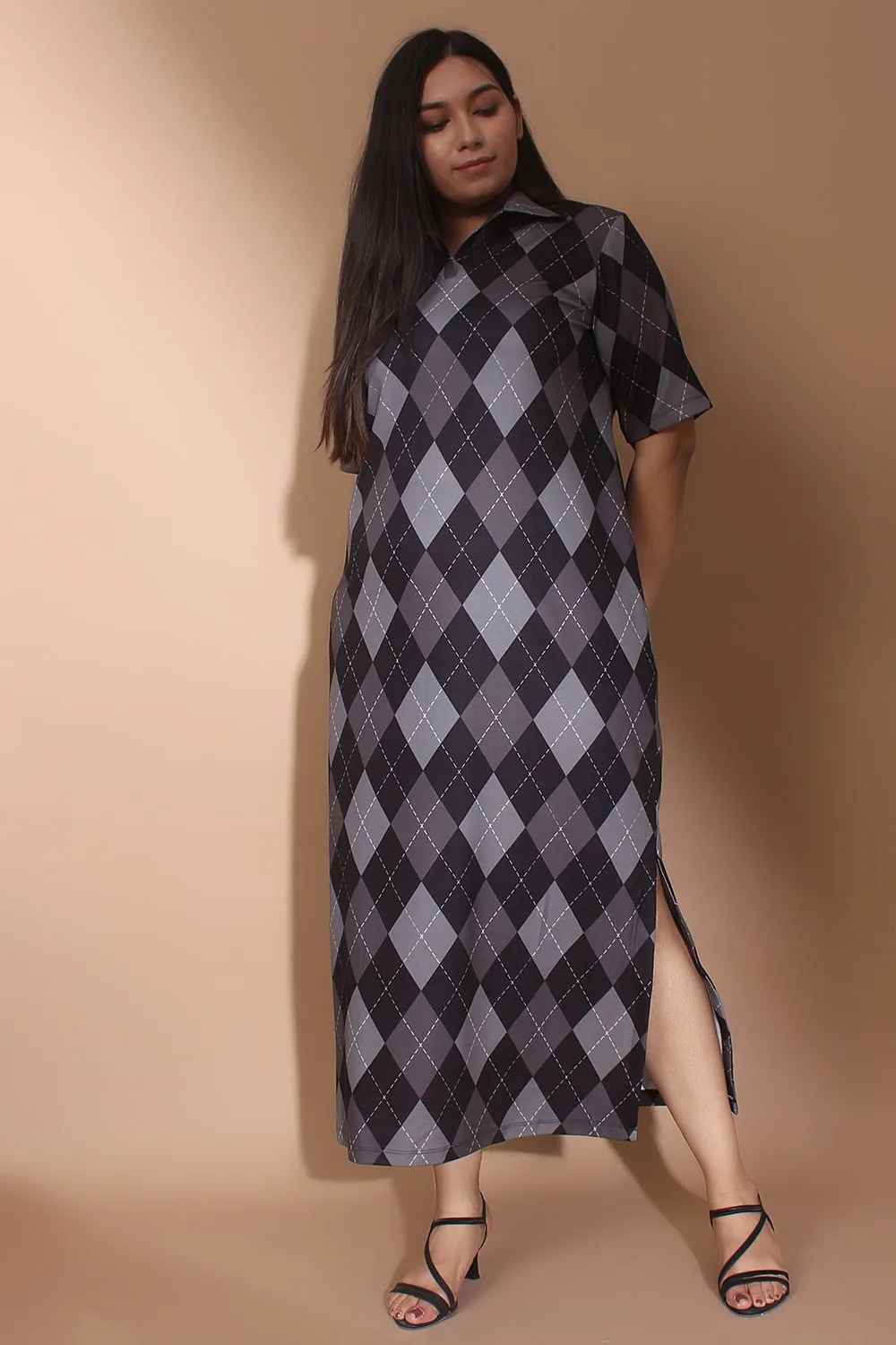 Black And Grey Argyle Side Slit Long Dress