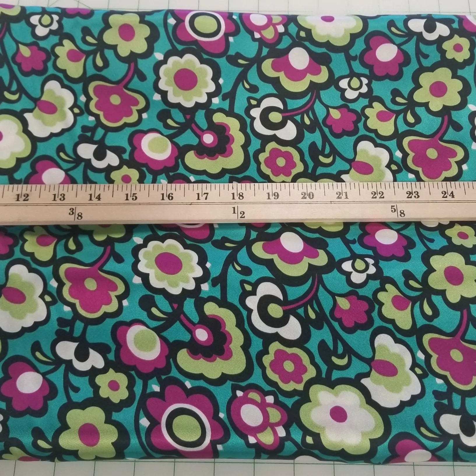 End of Bolt: 3-1/8th yards of Turquoise Retro Florals Satin Charmeuse Woven- Remnant