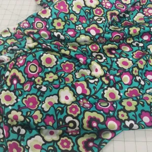 End of Bolt: 3-1/8th yards of Turquoise Retro Florals Satin Charmeuse Woven- Remnant