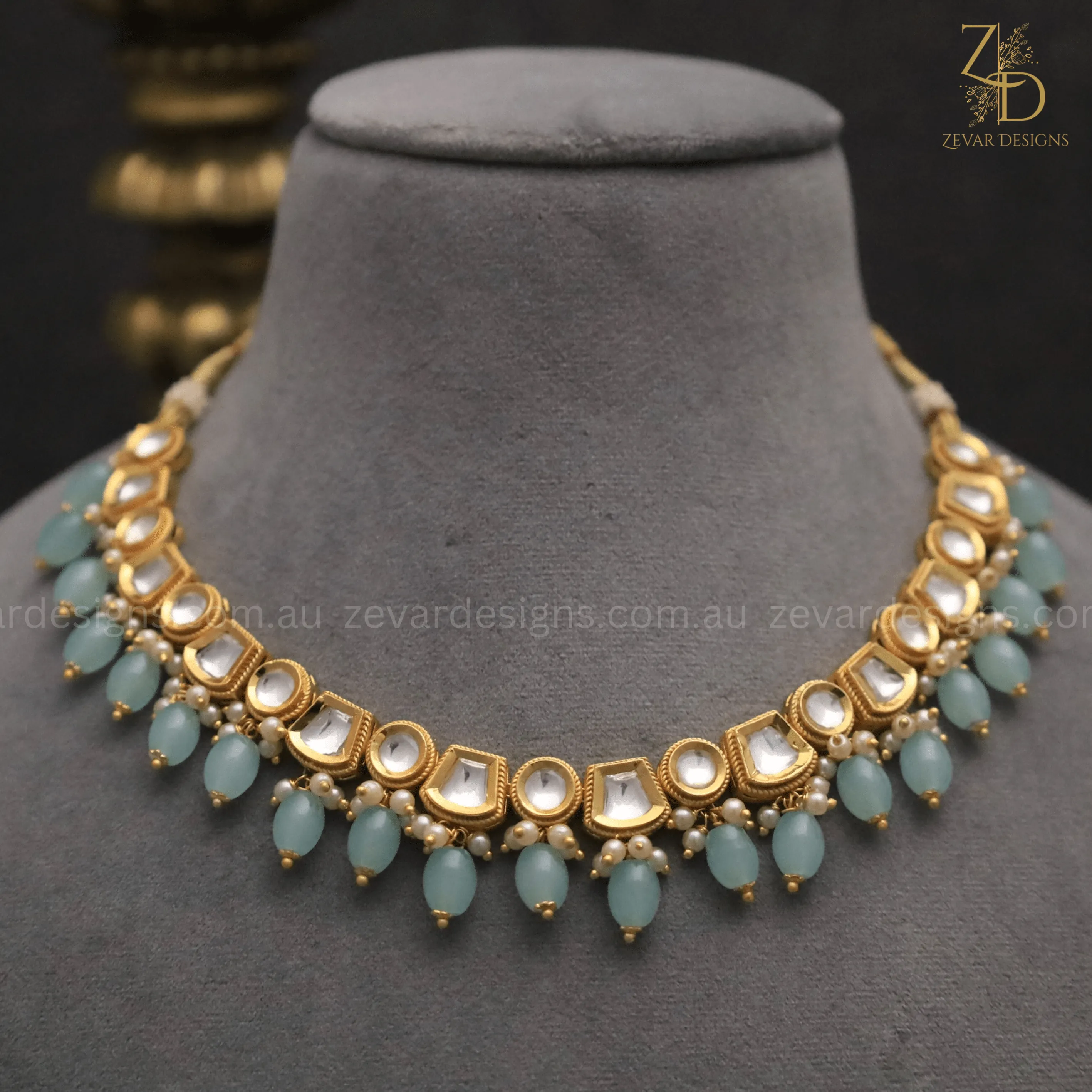 Gold Plated Lightweight Polki Necklace Set - Ocean Blue