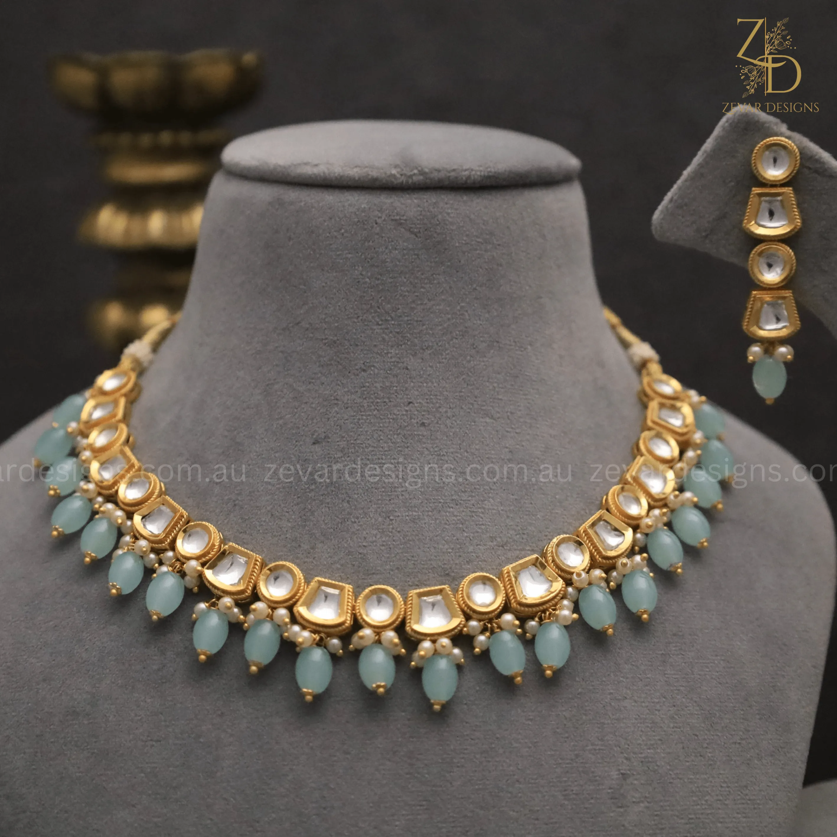 Gold Plated Lightweight Polki Necklace Set - Ocean Blue