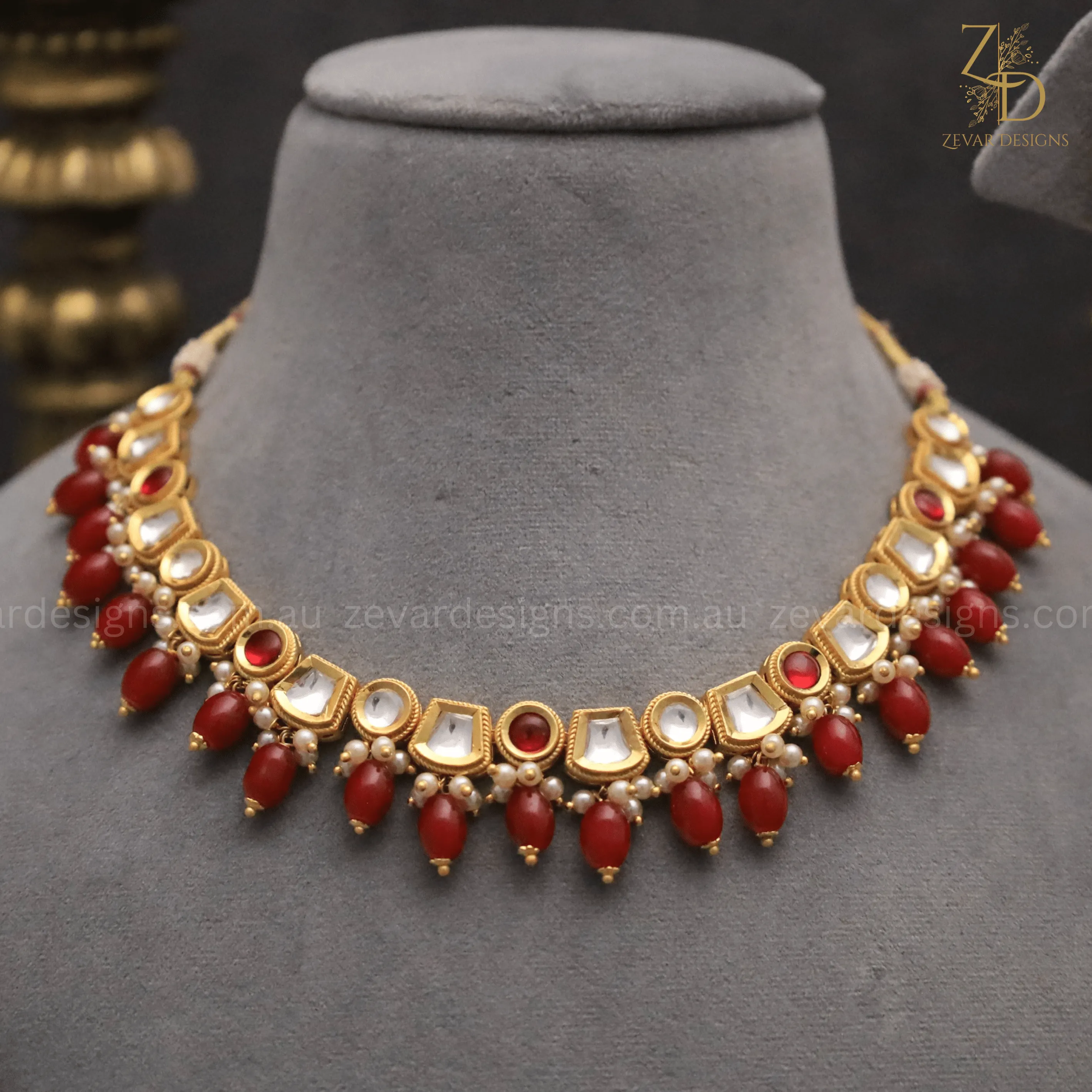 Gold Plated Lightweight Polki Necklace Set - Ruby