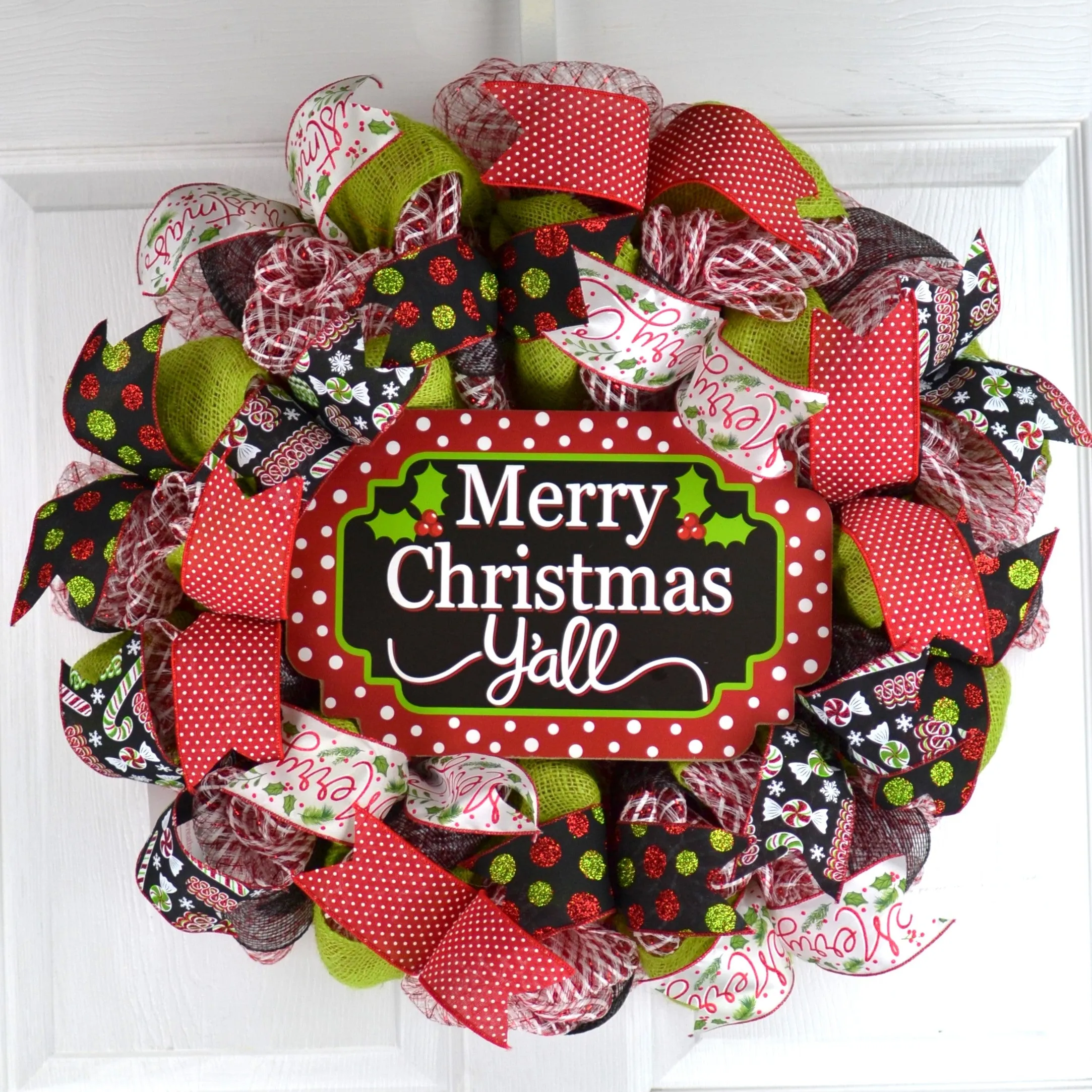 Merry Christmas Wreath | Merry Christmas Y'all | Mesh Front Door Wreath | Red Green White Black