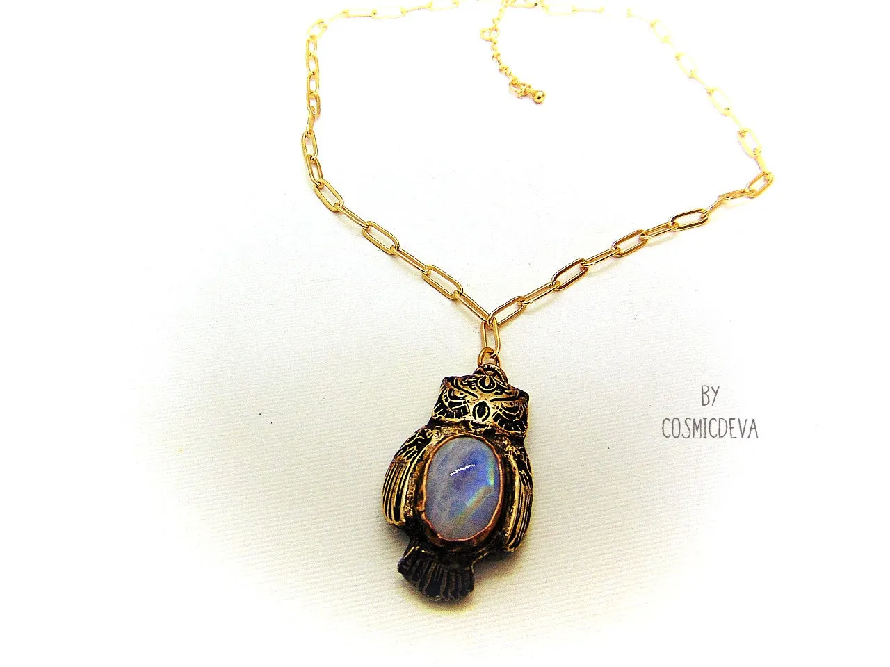 Owl Spirit Animal Moonstone Bronze Pendant Necklace