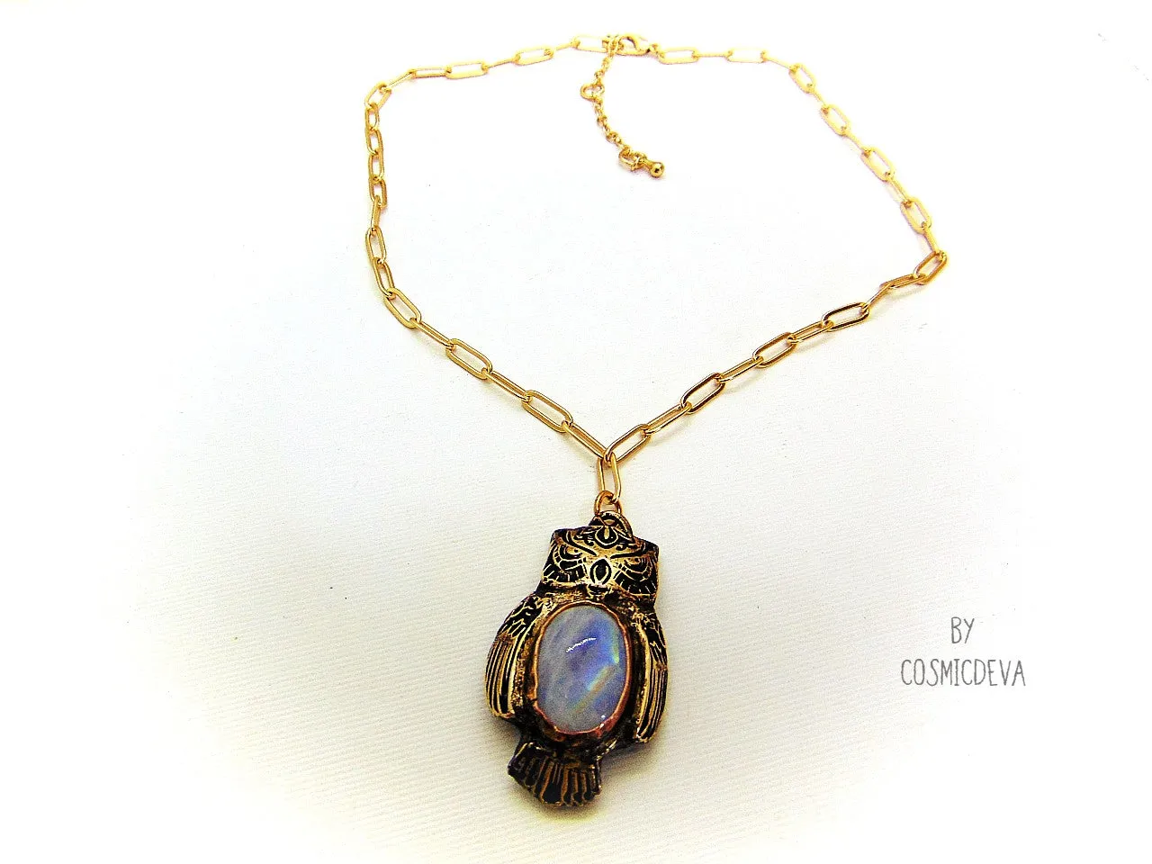 Owl Spirit Animal Moonstone Bronze Pendant Necklace