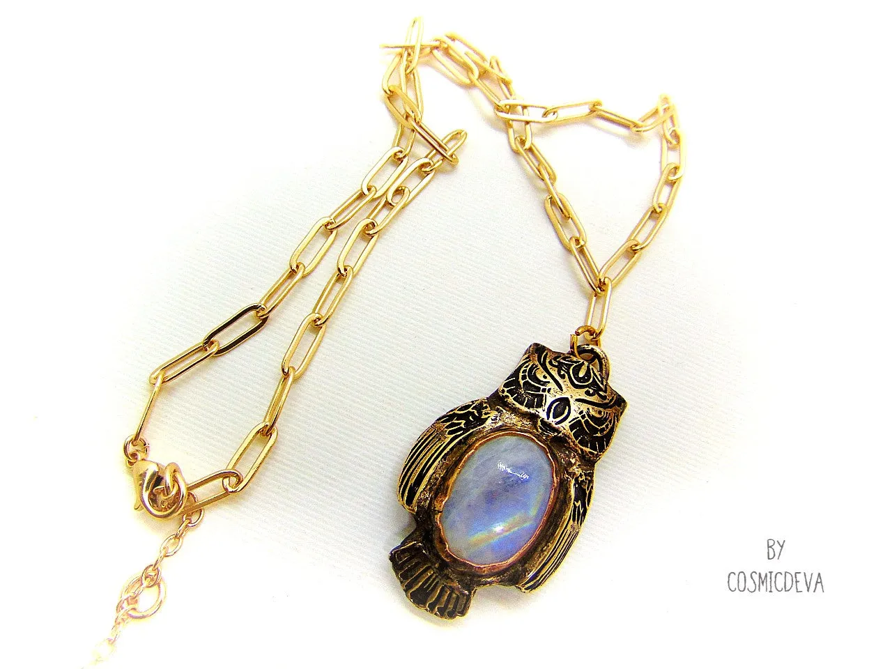 Owl Spirit Animal Moonstone Bronze Pendant Necklace