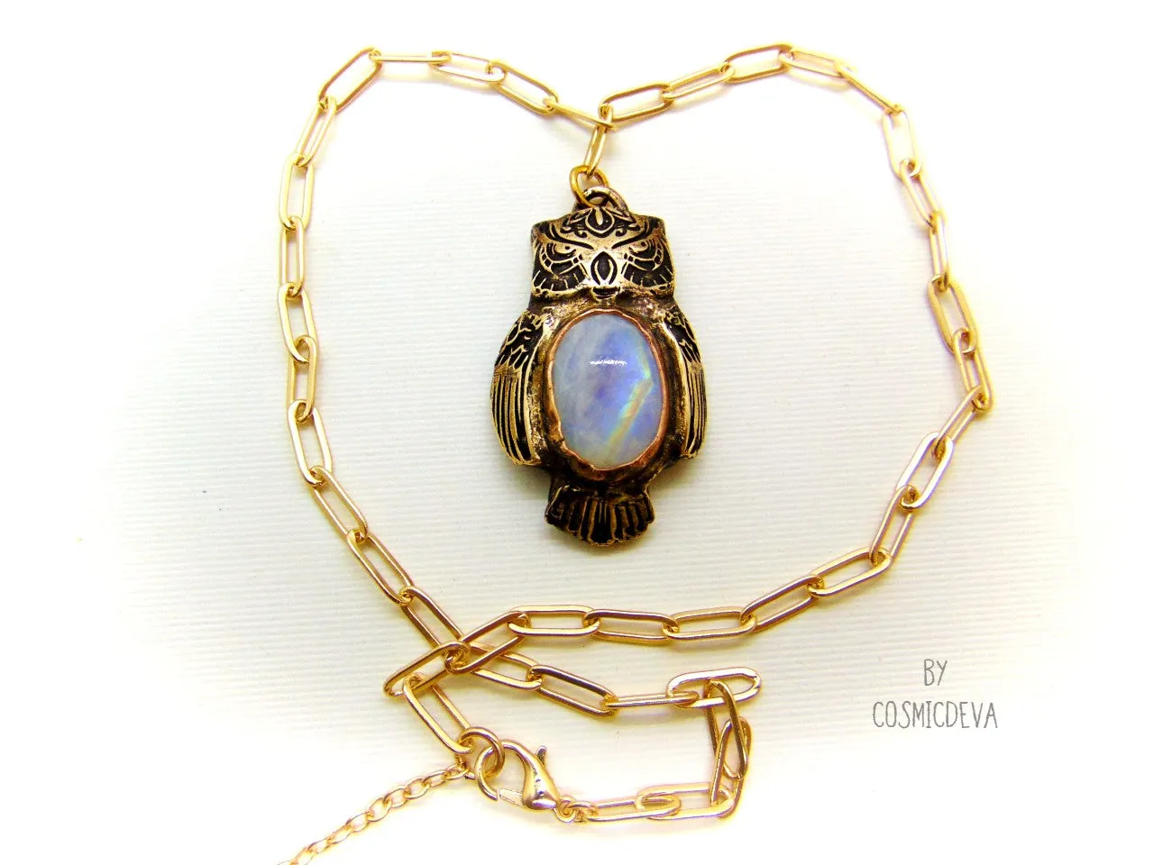 Owl Spirit Animal Moonstone Bronze Pendant Necklace