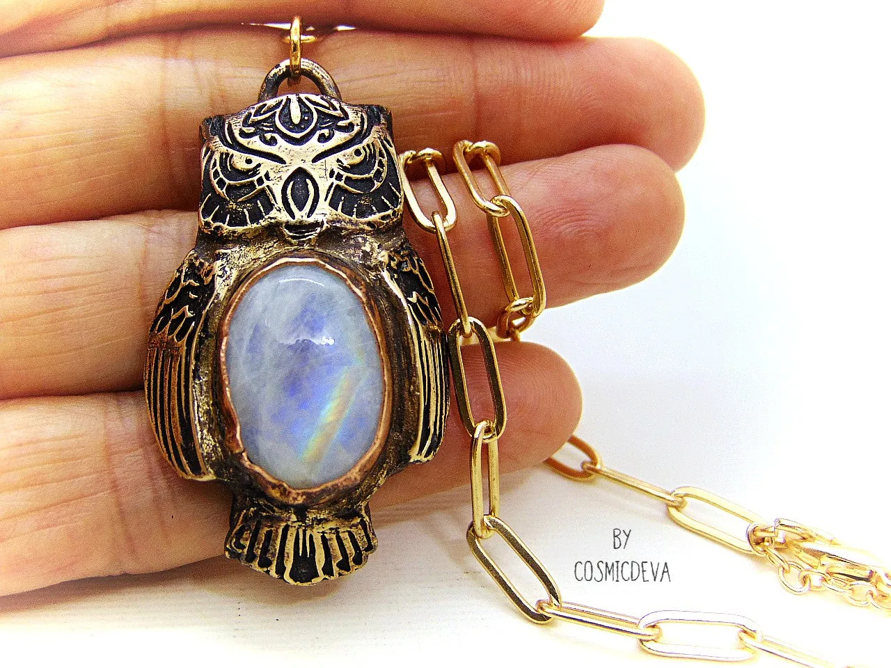 Owl Spirit Animal Moonstone Bronze Pendant Necklace