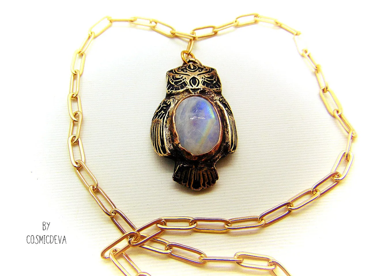 Owl Spirit Animal Moonstone Bronze Pendant Necklace