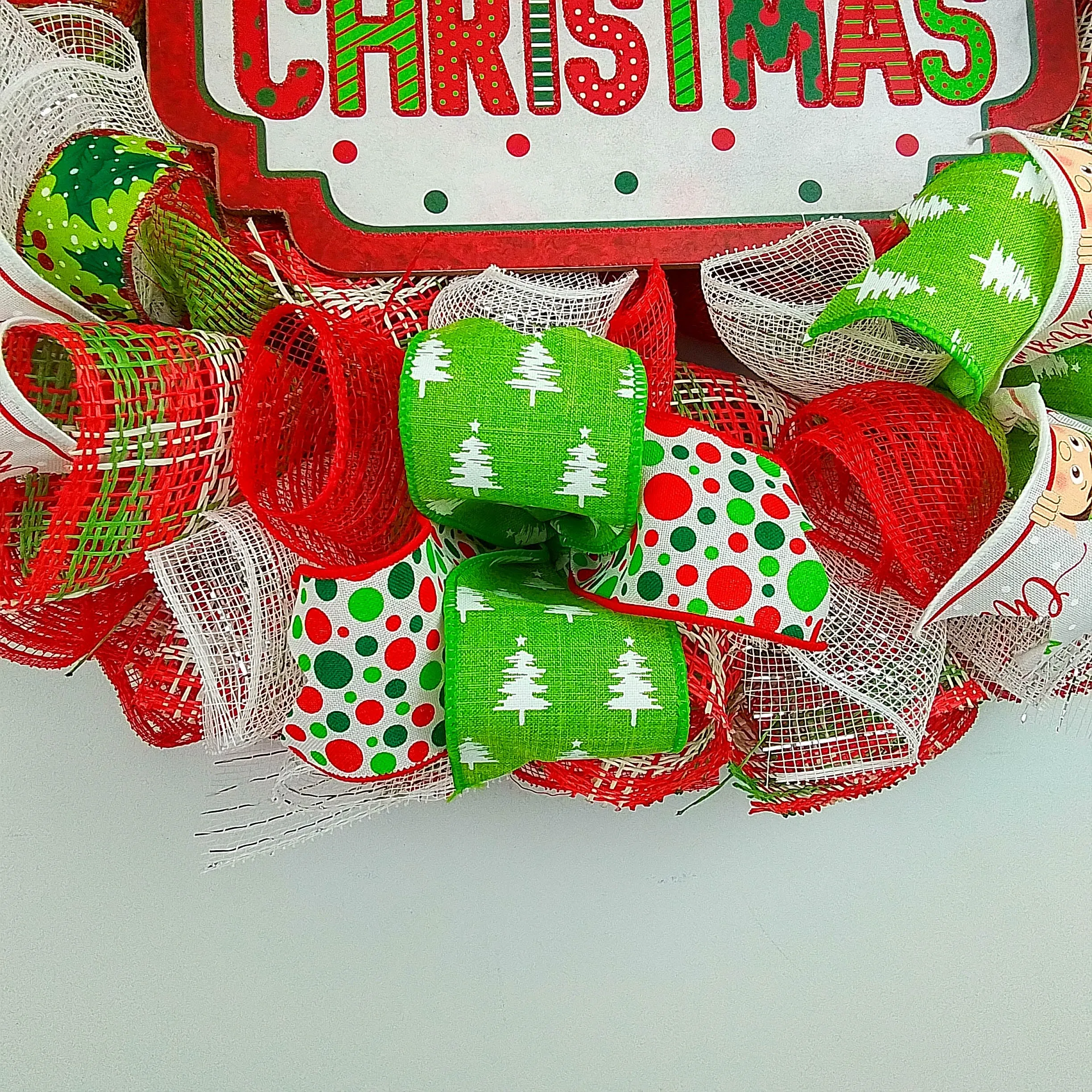 Whimsical Merry Christmas Wreath - Bright Outdoor Front Door Wreath - Fun Red White Lime Green Polka Dot