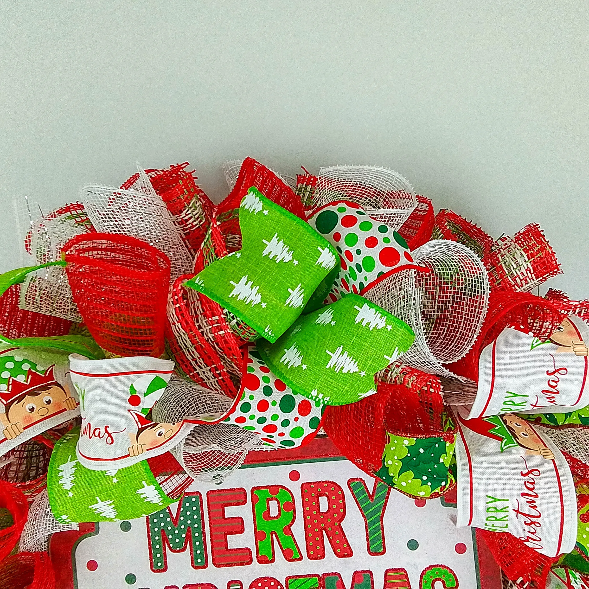 Whimsical Merry Christmas Wreath - Bright Outdoor Front Door Wreath - Fun Red White Lime Green Polka Dot