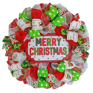 Whimsical Merry Christmas Wreath - Bright Outdoor Front Door Wreath - Fun Red White Lime Green Polka Dot