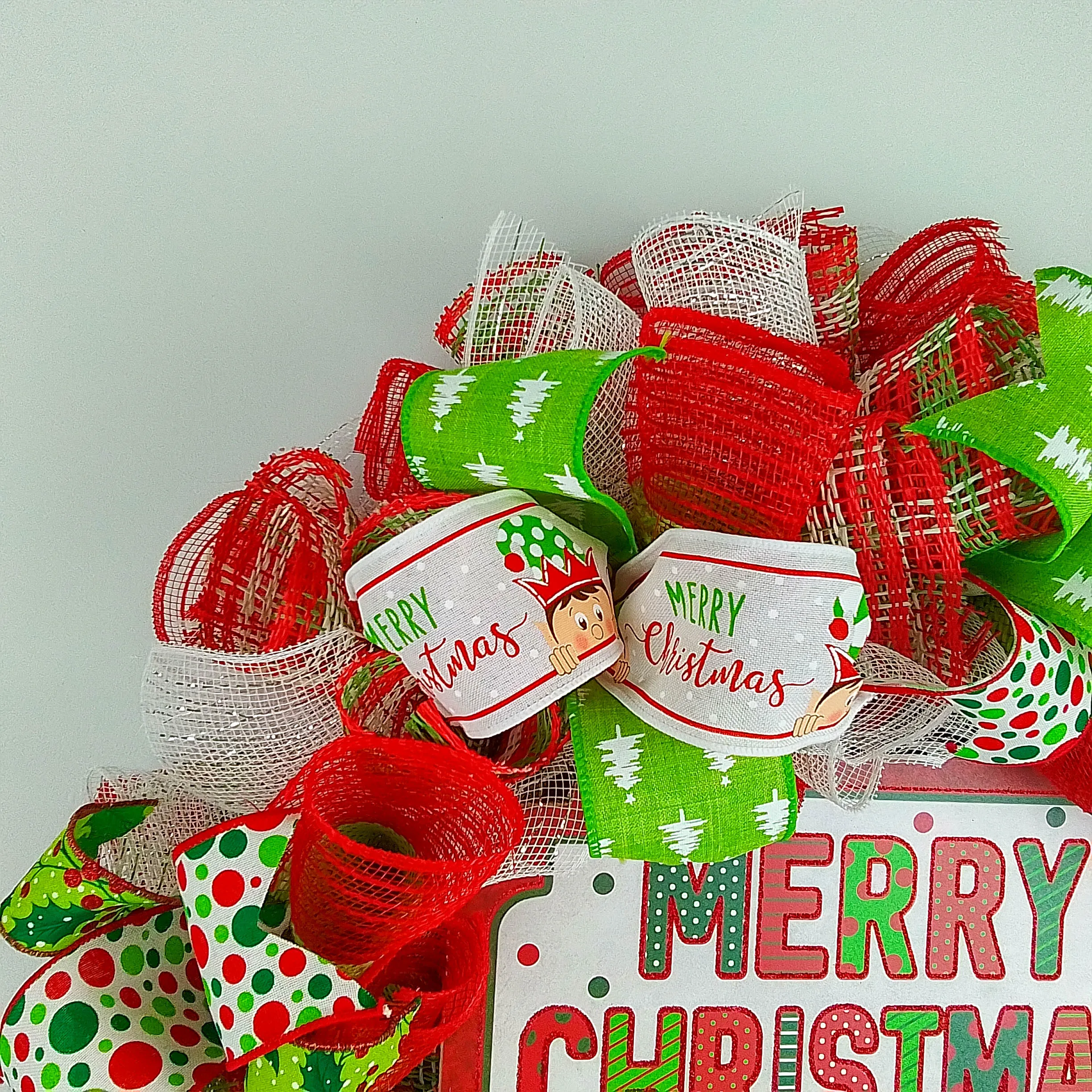 Whimsical Merry Christmas Wreath - Bright Outdoor Front Door Wreath - Fun Red White Lime Green Polka Dot