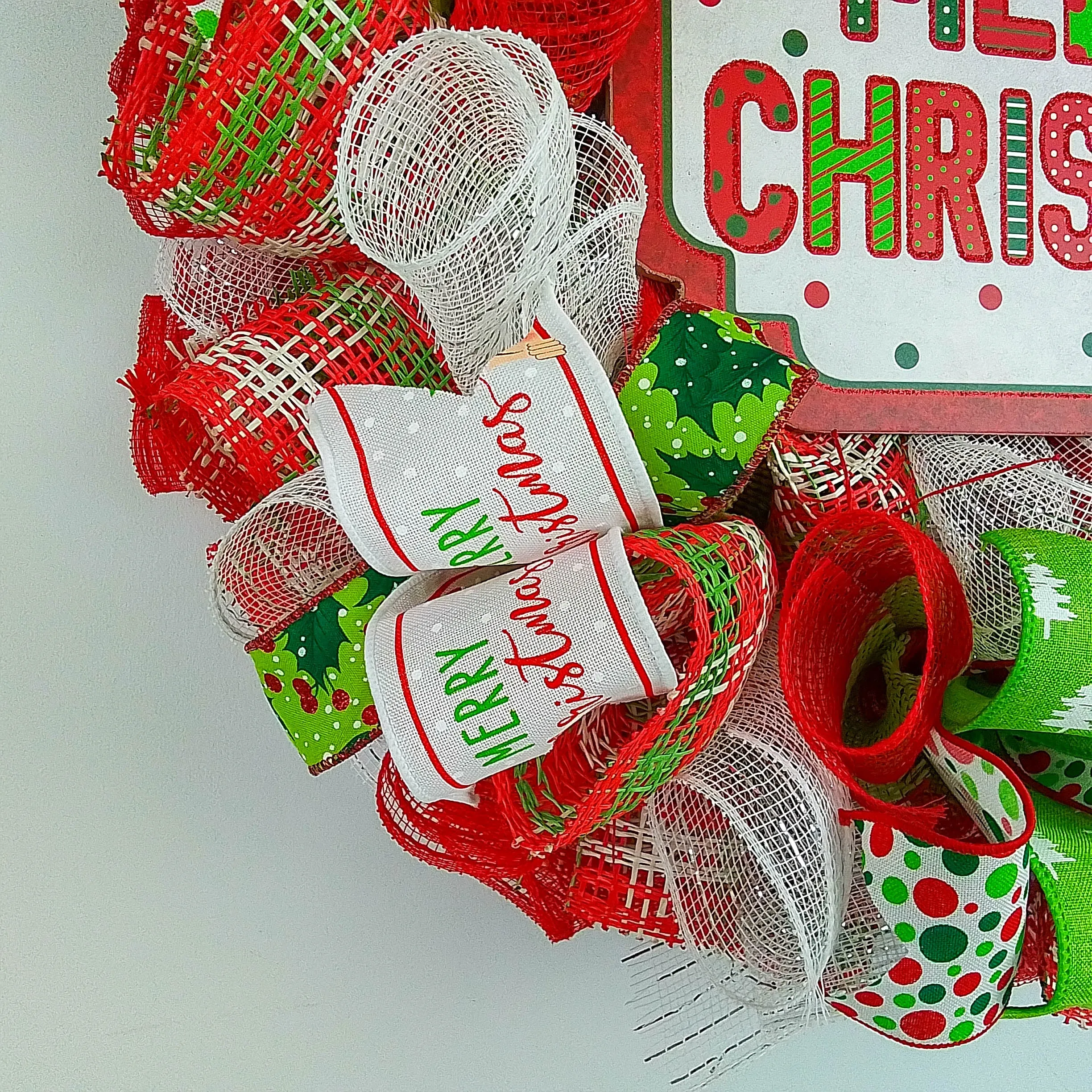 Whimsical Merry Christmas Wreath - Bright Outdoor Front Door Wreath - Fun Red White Lime Green Polka Dot